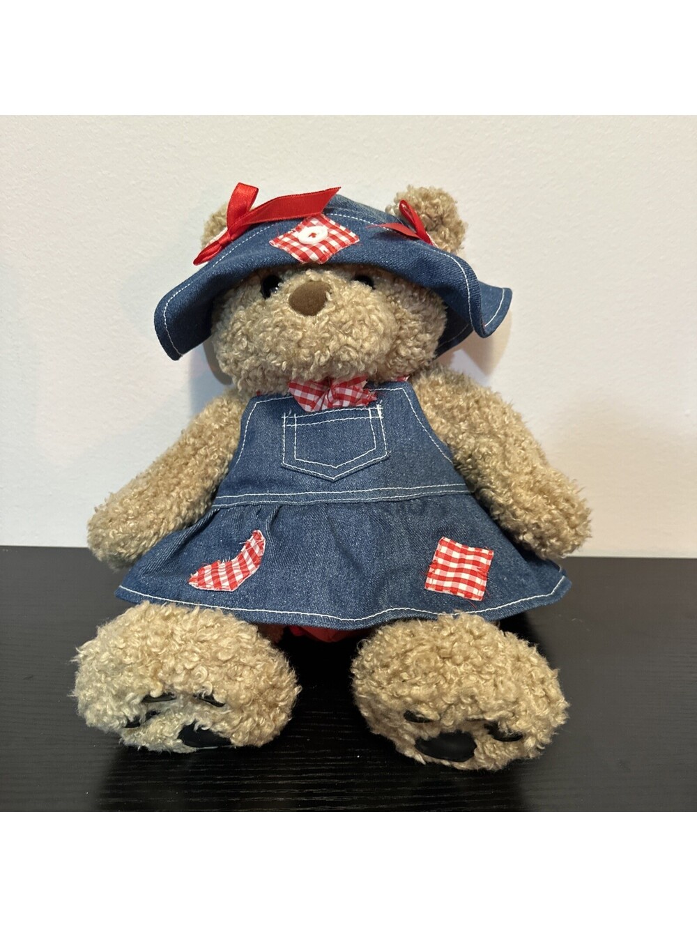 Build A Bear Classic Country Teddy Bear , Bows , Denim Overall Skirt Plaid Patch